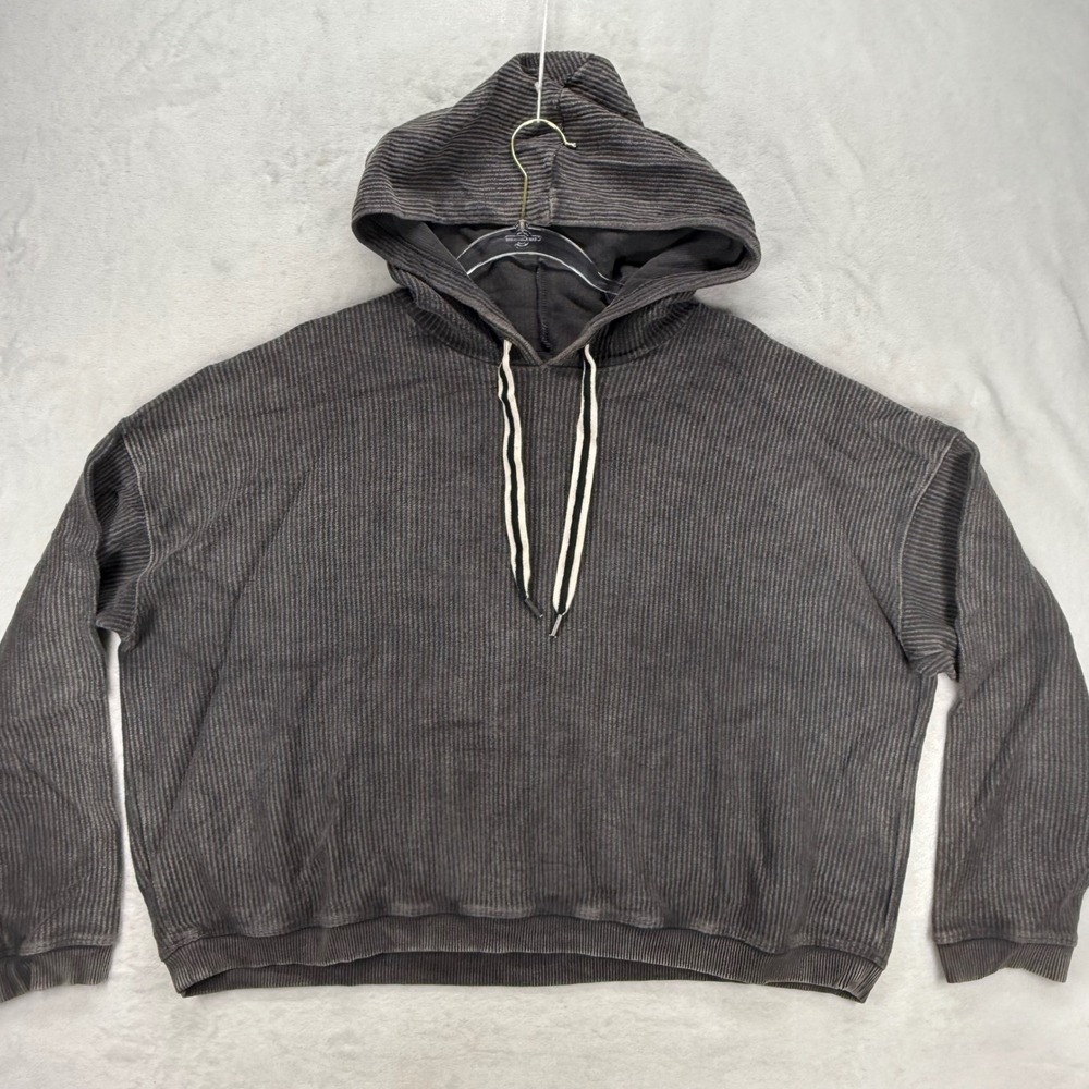 Aerie Hoodie Pullover Ribbed Drawstring Cropped Comfy Casual Gray Large